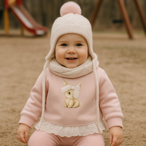 Βρεφικό Μάλλινο Σκουφάκι White pink set cap scarf_ 85522